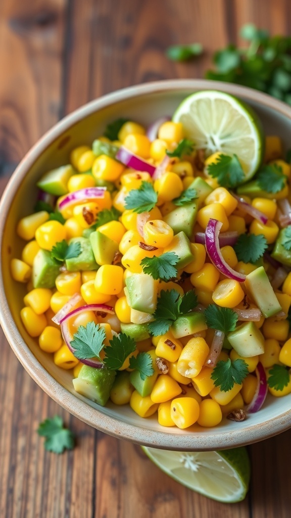 A vibrant roasted corn salad with corn, avocado, red onion, and cilantro in a rustic bowl.